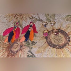 Pink, blue, orange feathers with jewels - earrings paired with 4 matching rings